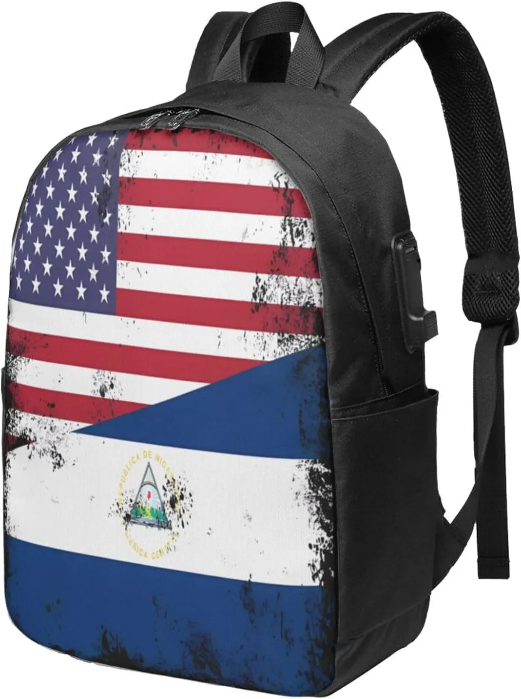 Half Nicaraguan Flag Design Vintage Nicaragua USA Laptop Backpacks Travel Backpack Casual Business Daypack Sport Rucksack Computer Bag Fits up to 17 Inch Notebook with USB Port