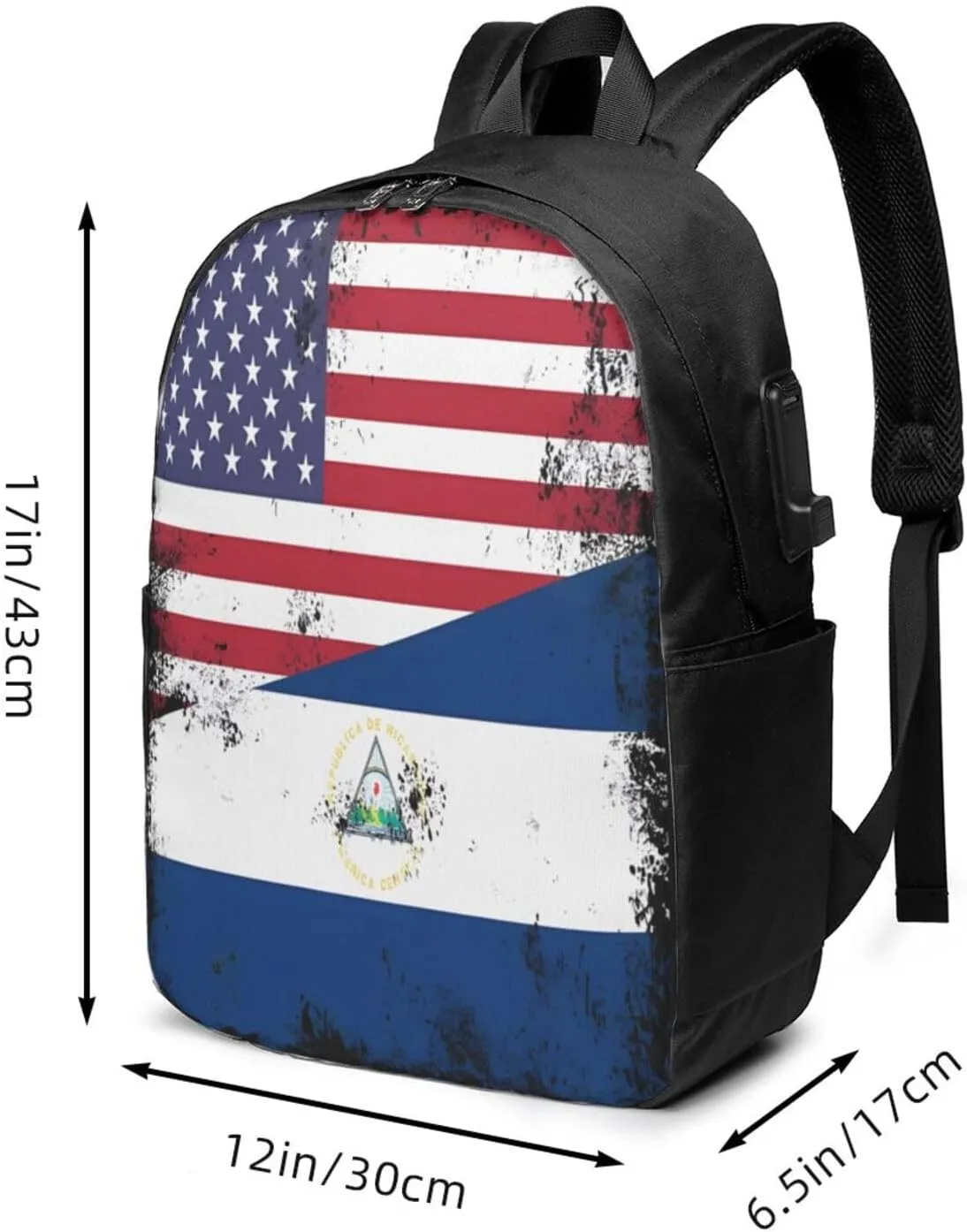 Half Nicaraguan Flag Design Vintage Nicaragua USA Laptop Backpacks Travel Backpack Casual Business Daypack Sport Rucksack Computer Bag Fits up to 17 Inch Notebook with USB Port