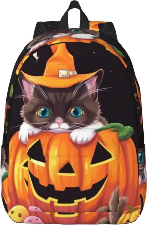 Halloween and cute cat Backpack with Adjustable Straps, Suitable for Travel Picnics Activities