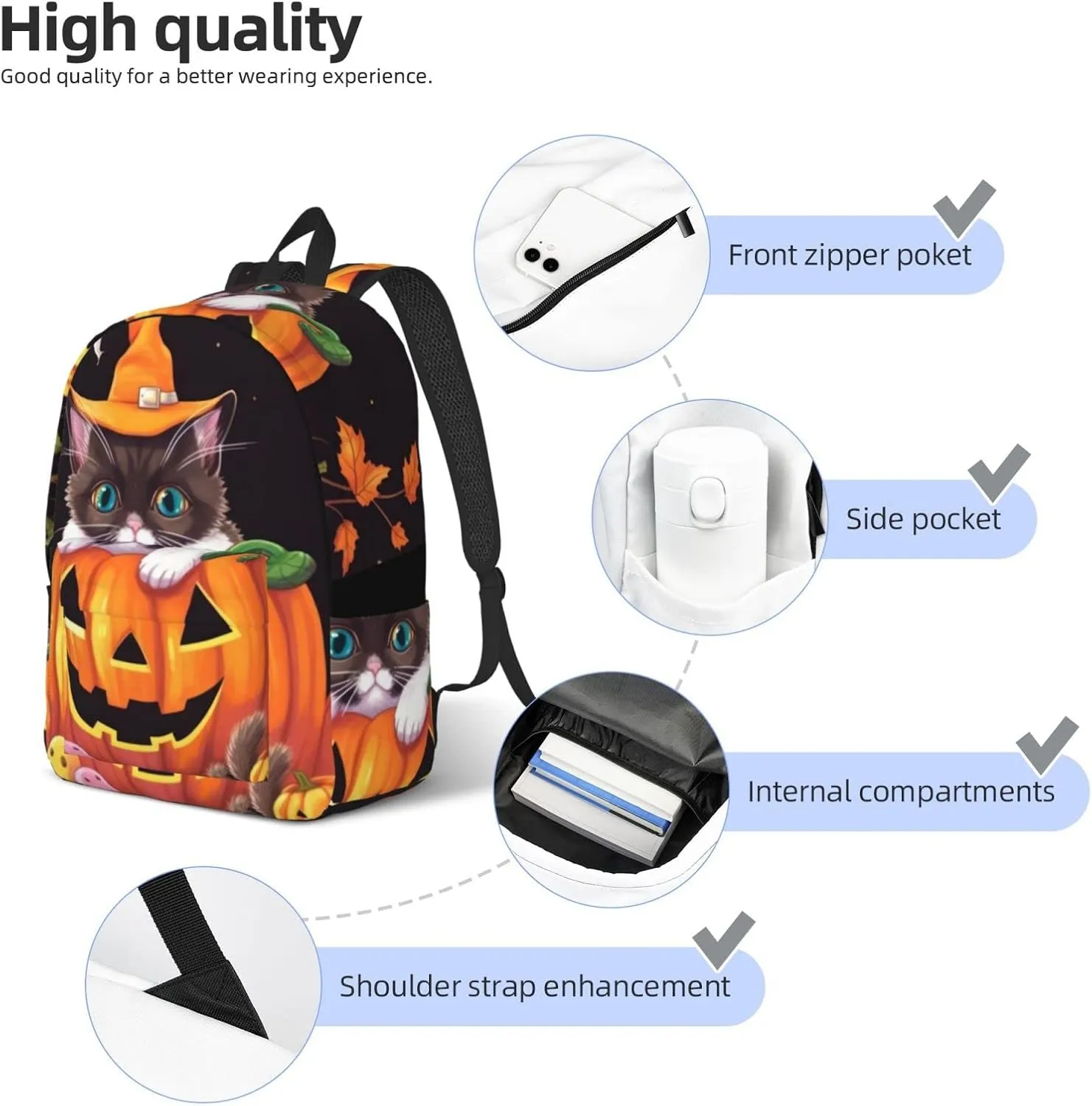 Halloween and cute cat Backpack with Adjustable Straps, Suitable for Travel Picnics Activities