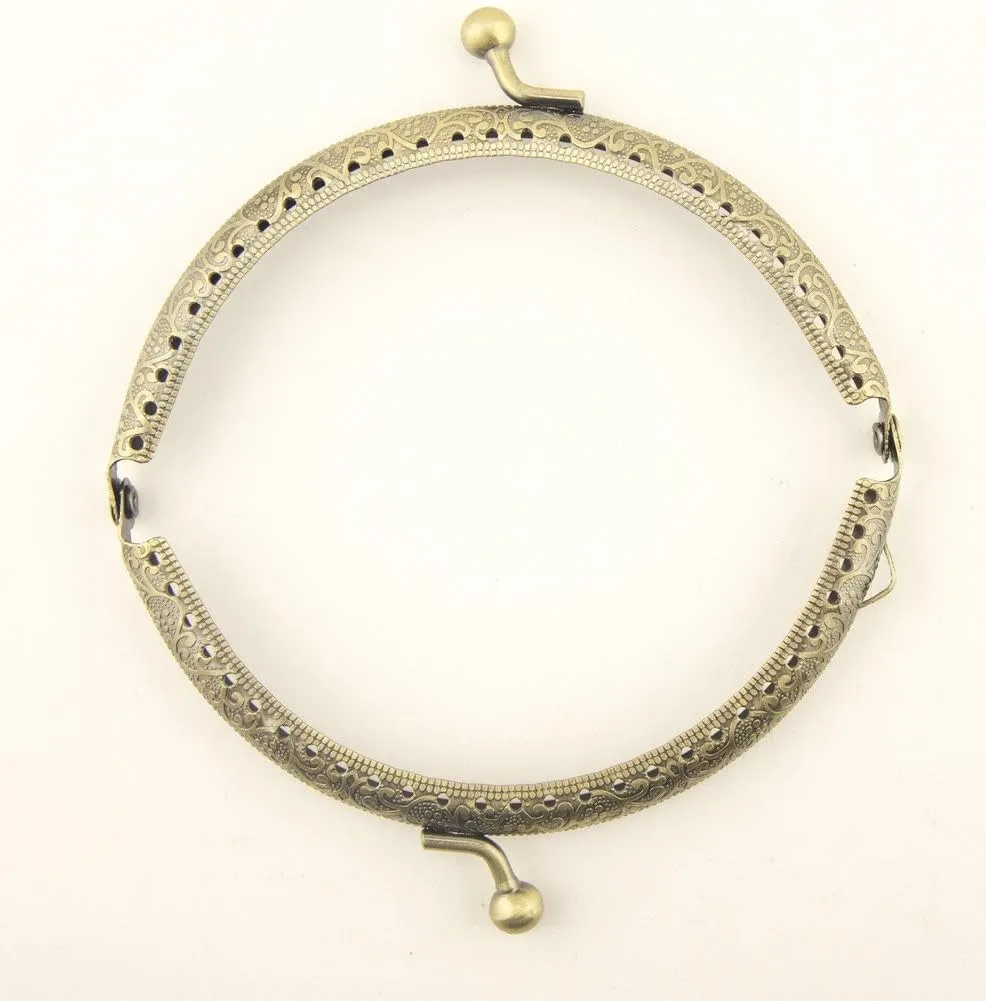 HAND PF12 Antique Bronze Tone Round Purse Frame - 105 x 55 mm - with Decorative Flower Engravings and Perforations, and Kiss Clasp Lock Handle