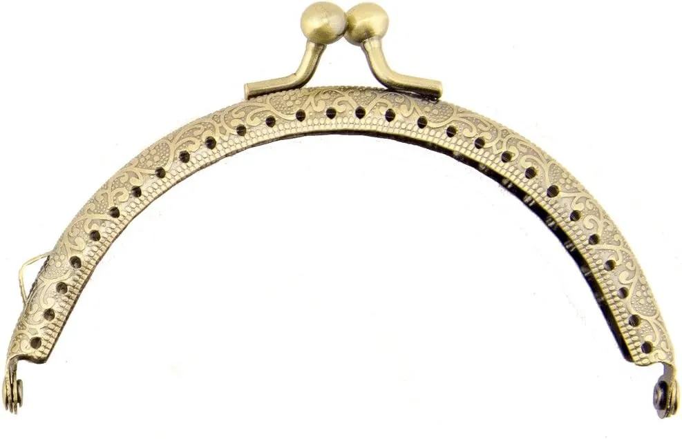 HAND PF12 Antique Bronze Tone Round Purse Frame - 105 x 55 mm - with Decorative Flower Engravings and Perforations, and Kiss Clasp Lock Handle