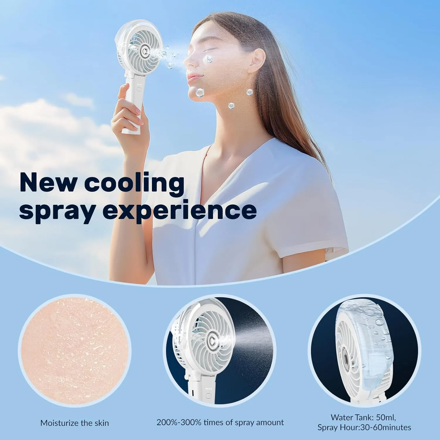 HandFan 4000mAh Portable Misting Fan, 50ml Water Tank, Rechargeable Handheld Personal Mister Fan, Spray Water Mist, Foldable Electric Hand Fans for Beach, Travel, Outdoors(White)