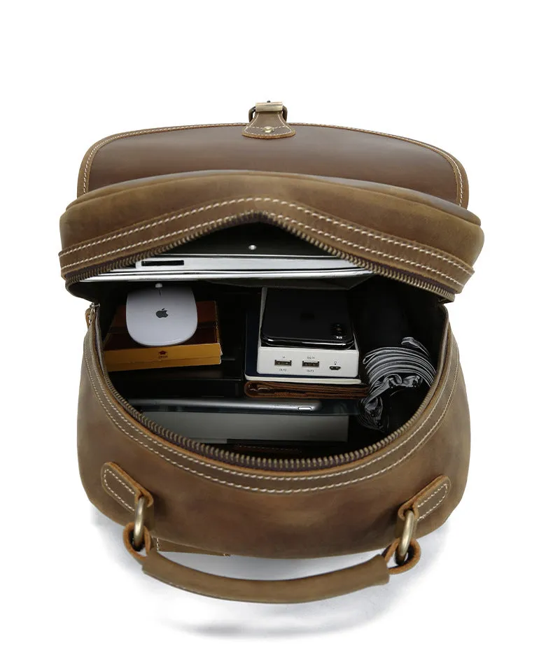 Handmade Vintage Retro Zipper Full-Grain Leather Men's Laptop Backpack