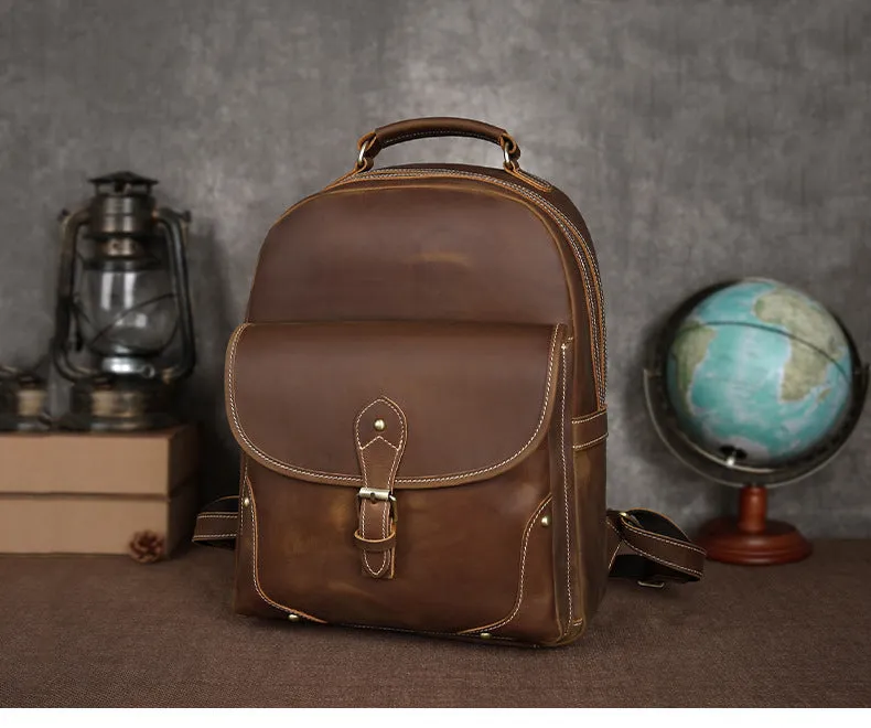Handmade Vintage Retro Zipper Full-Grain Leather Men's Laptop Backpack