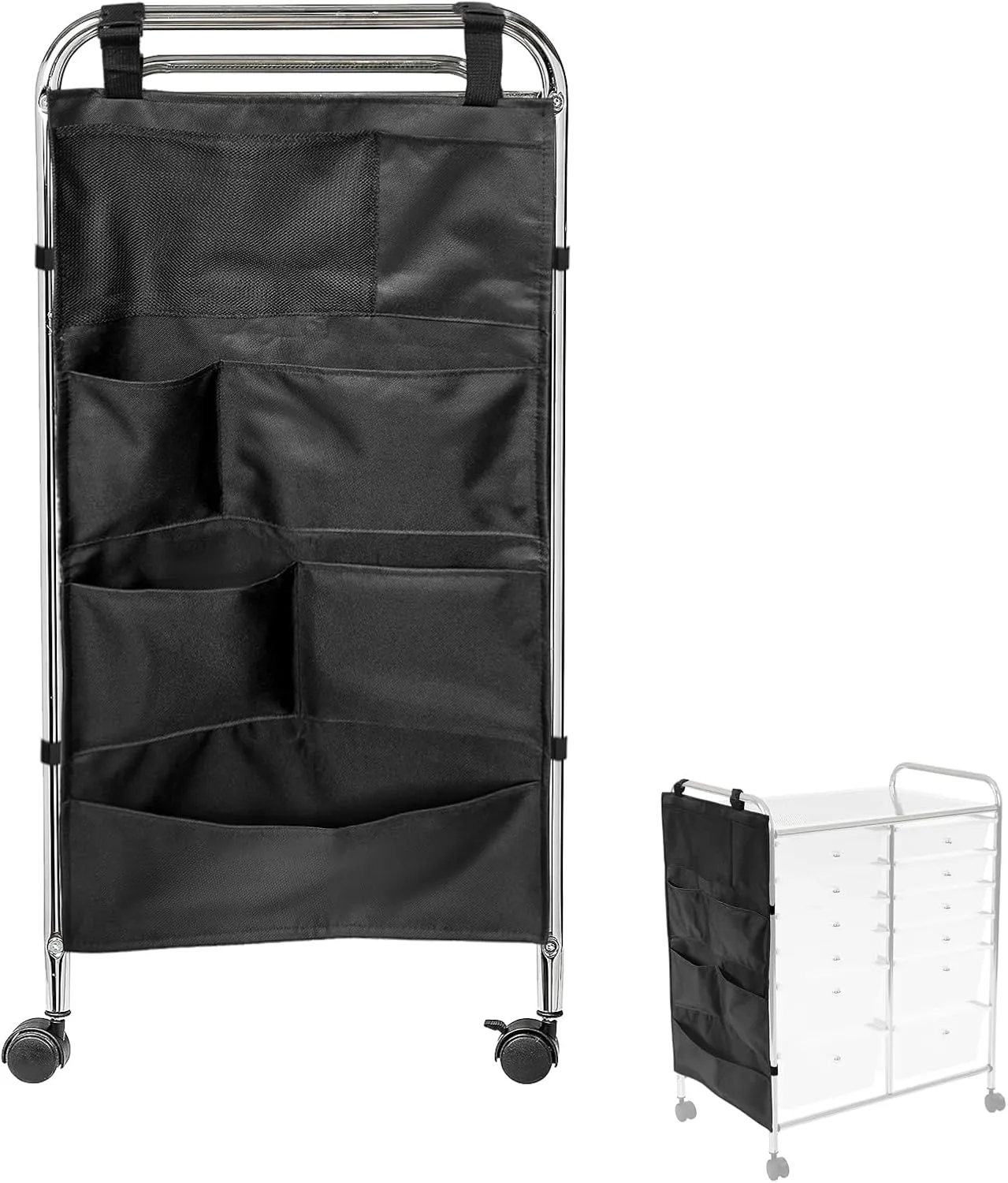 Hanging Storage Pocket,Heavy Duty Hanging Rolling Cart Side Bag,Multipurpose Rolling Cart Side Pocket Organizer for Rolling Storage Car,Can Store Various Items,Black,Side Pocket Bag Only