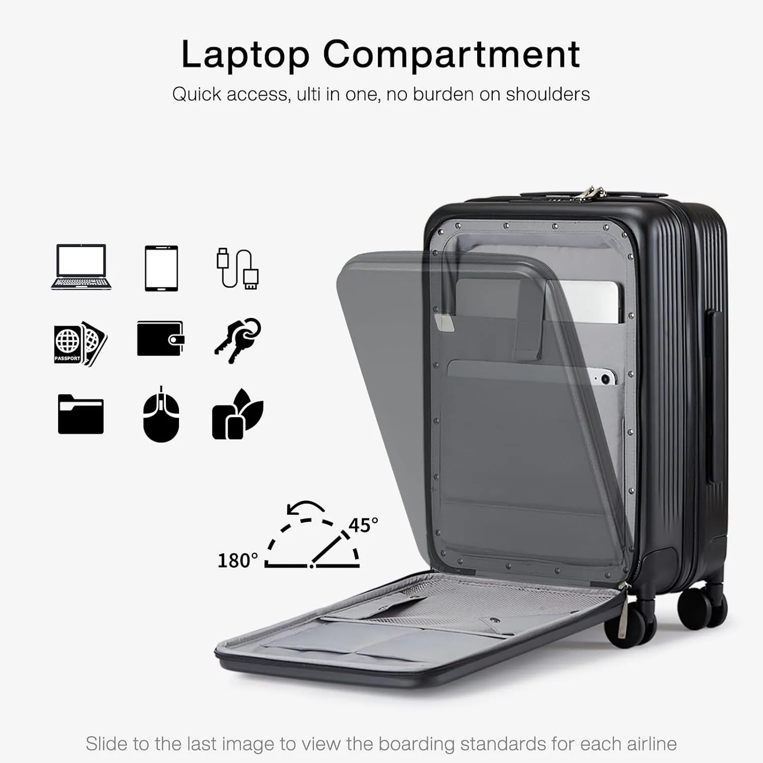 Hanke Grace Carry On Luggage with Wheels Airline Approved Hard Shell Suitcases with Front Pocket，Top Opening Luggage with TSA Lock for Short Business Travel， Jet Black.