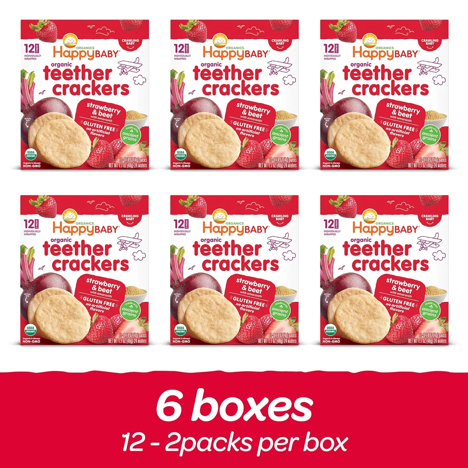 Happy Baby Organics Baby Snacks, Gentle Teething Crackers, Gluten Free & Vegan, Strawberry & Beet, 12 Count (Pack of 6)
