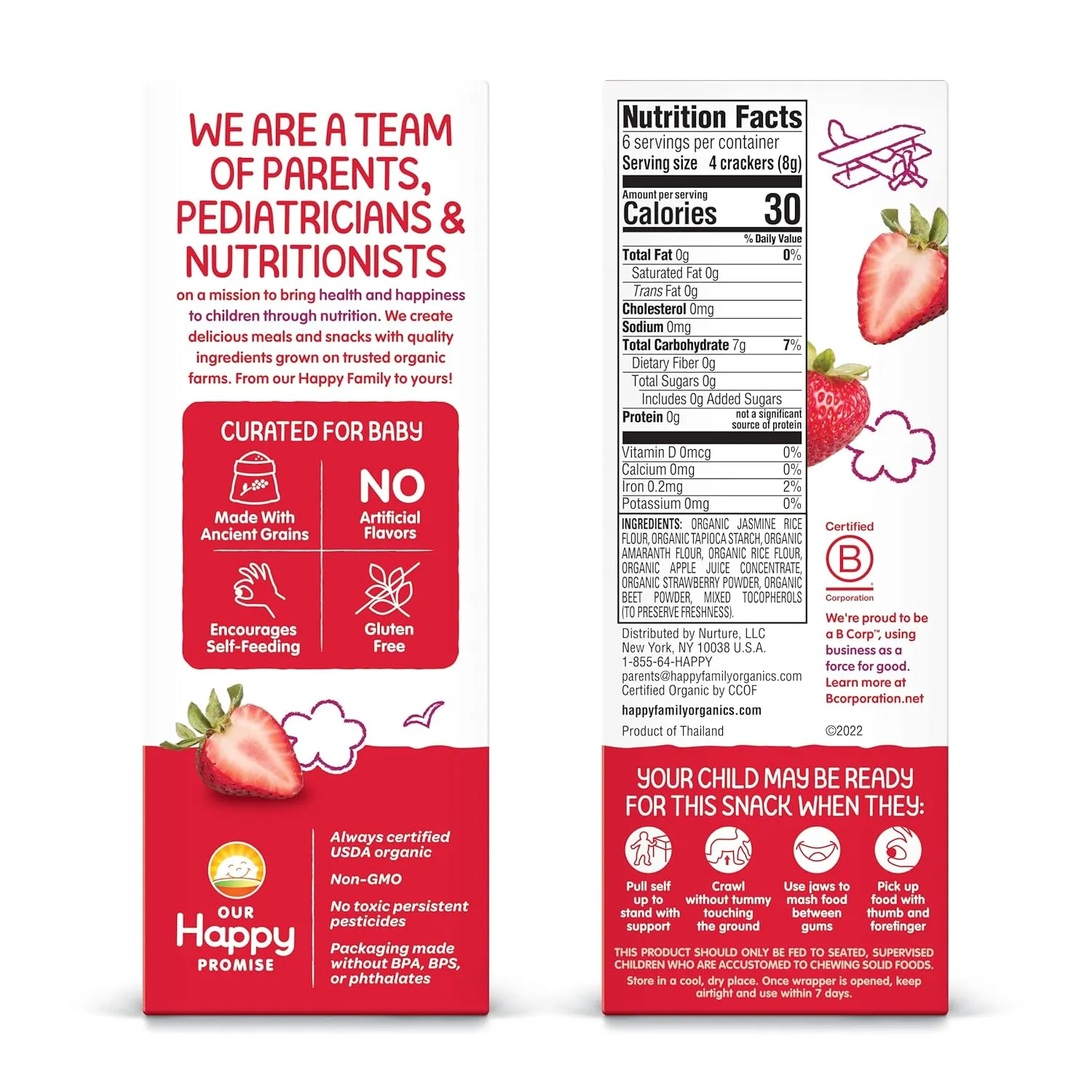 Happy Baby Organics Baby Snacks, Gentle Teething Crackers, Gluten Free & Vegan, Strawberry & Beet, 12 Count (Pack of 6)