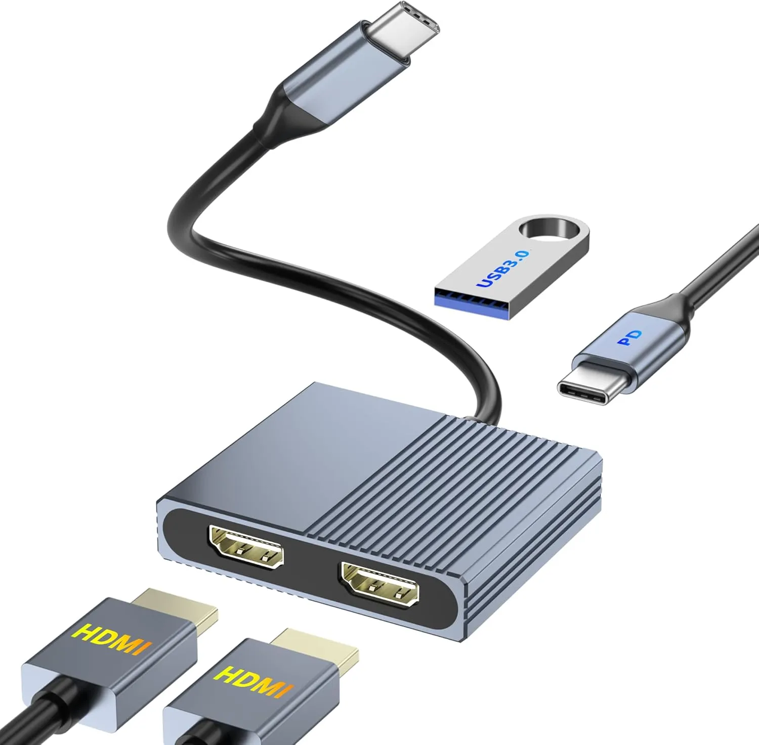 HDMI Splitter for Dual Monitors, Dual HDMI Adapter for 2 Monitors with USB3.0, 100W PD, HDTV Splitter Extended Display, USB C Hub for Multiple Monitors, Laptop Docking Station for Dell/HP/Mac