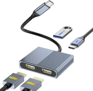 HDMI Splitter for Dual Monitors, Dual HDMI Adapter for 2 Monitors with USB3.0, 100W PD, HDTV Splitter Extended Display, USB C Hub for Multiple Monitors, Laptop Docking Station for Dell/HP/Mac