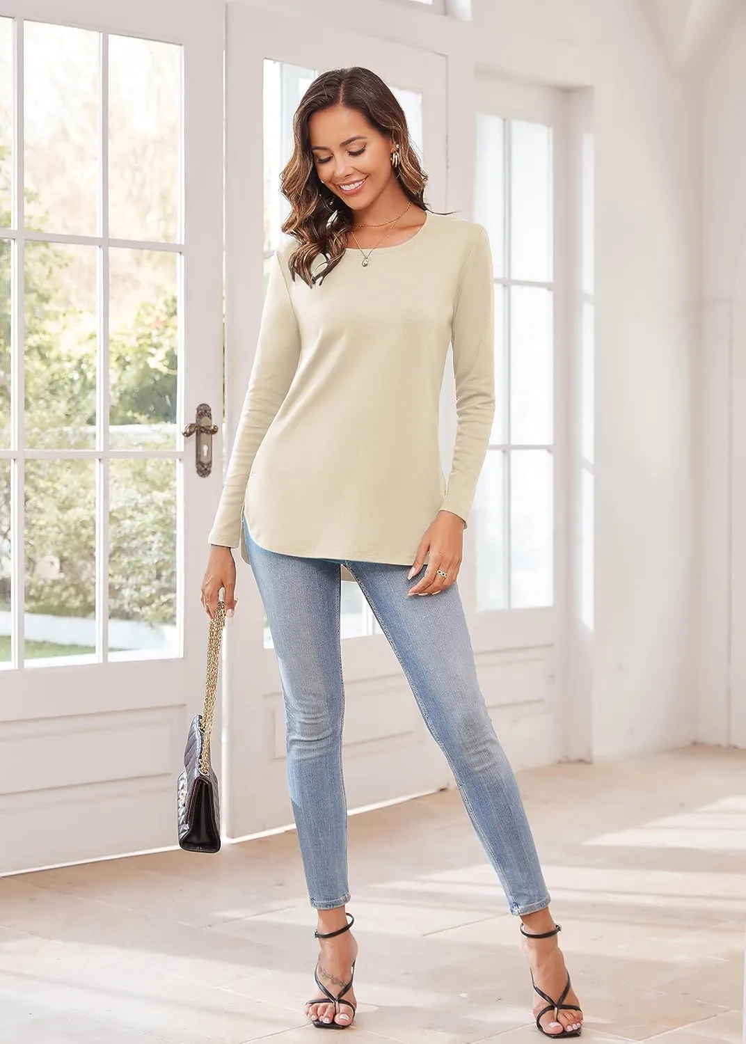 Herou Women's Casual Long Sleeve T Shirt Crewneck With Side Split Fall Pullover Loose Tunic Sweater Tops