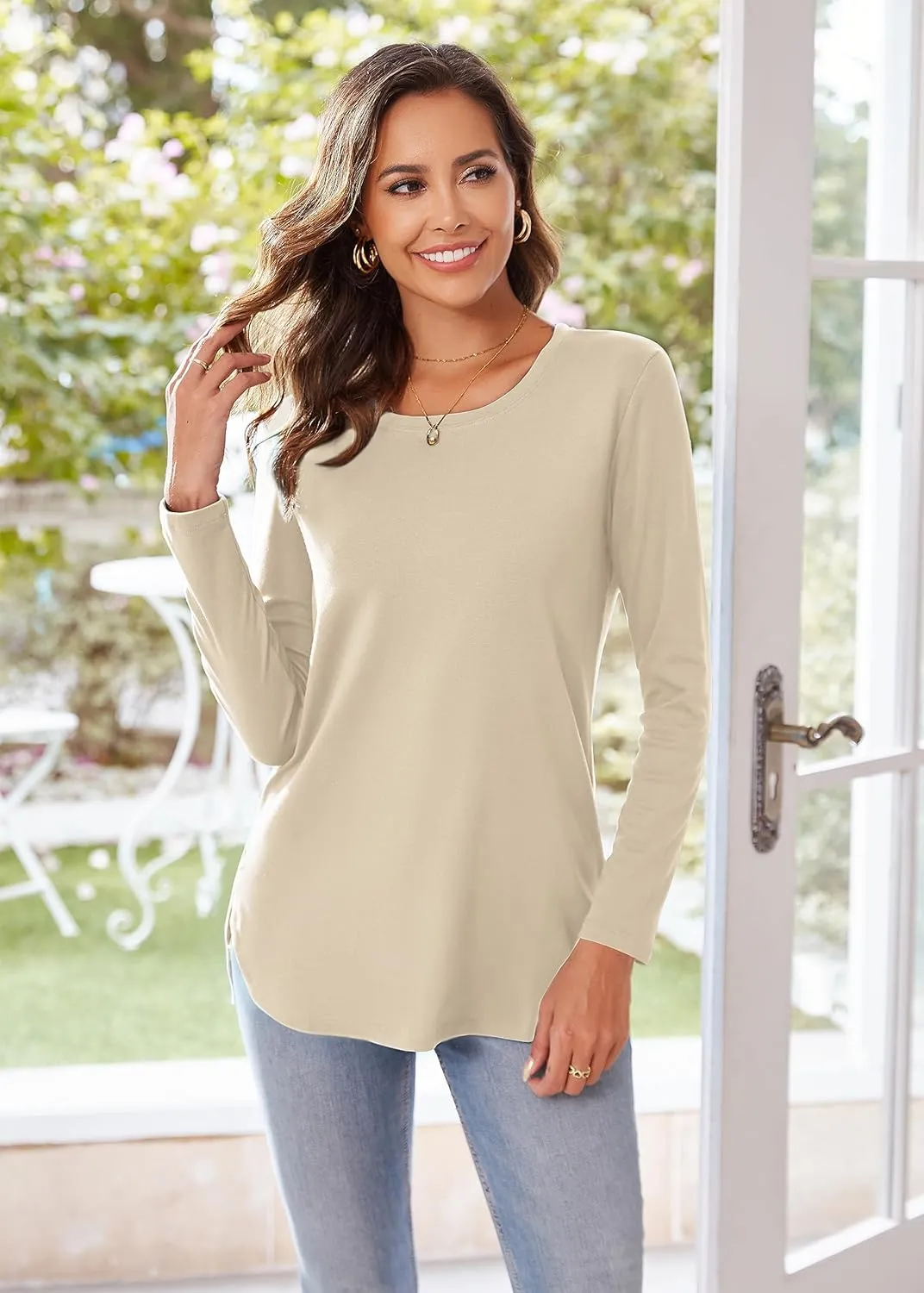 Herou Women's Casual Long Sleeve T Shirt Crewneck With Side Split Fall Pullover Loose Tunic Sweater Tops