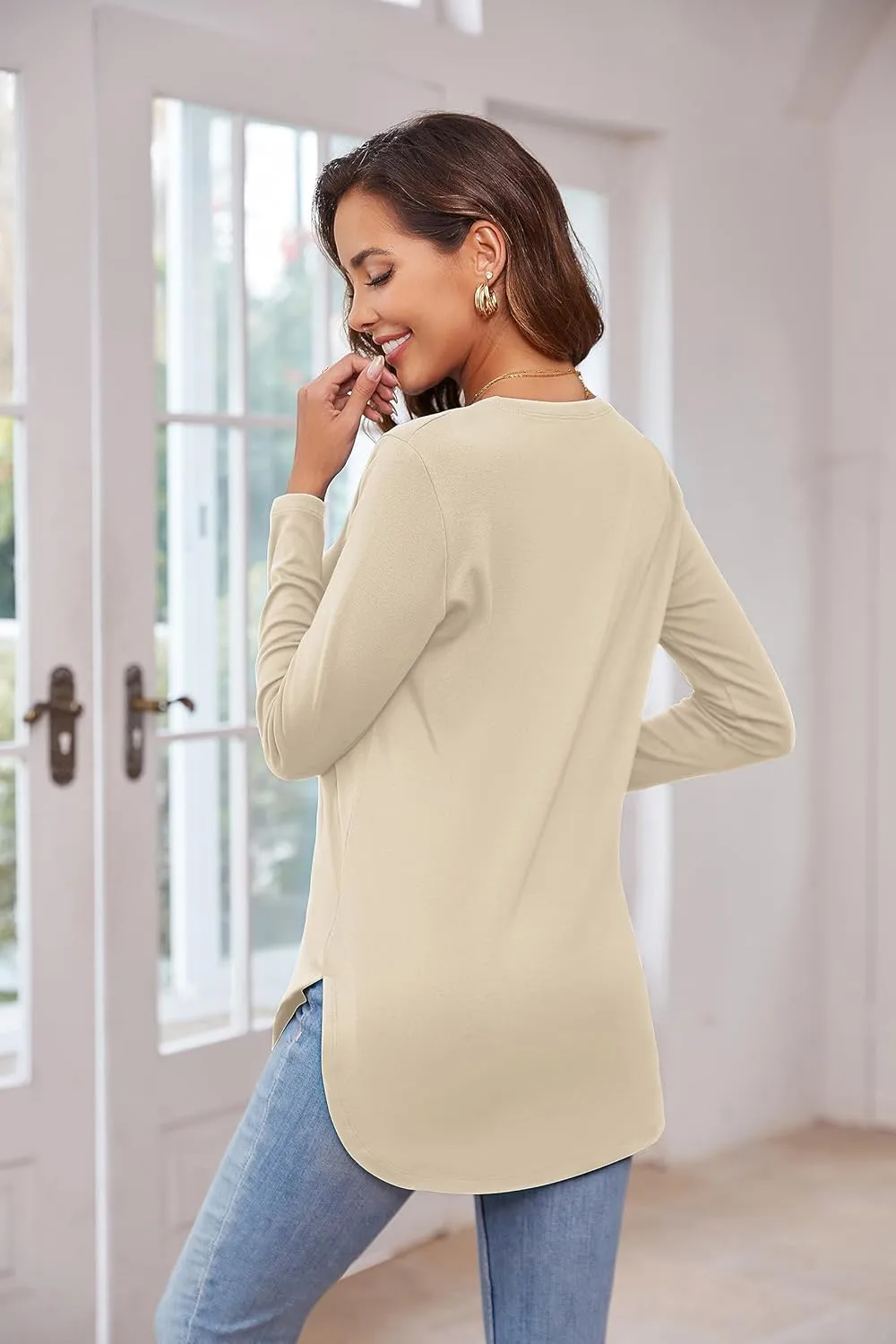 Herou Women's Casual Long Sleeve T Shirt Crewneck With Side Split Fall Pullover Loose Tunic Sweater Tops
