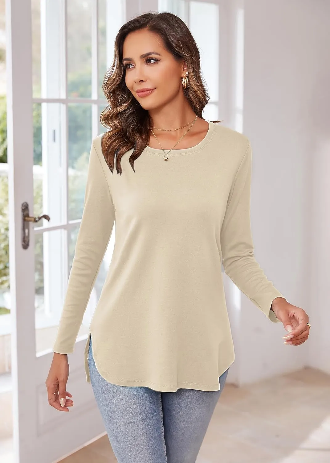 Herou Women's Casual Long Sleeve T Shirt Crewneck With Side Split Fall Pullover Loose Tunic Sweater Tops