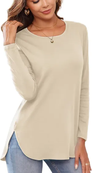 Herou Women's Casual Long Sleeve T Shirt Crewneck With Side Split Fall Pullover Loose Tunic Sweater Tops