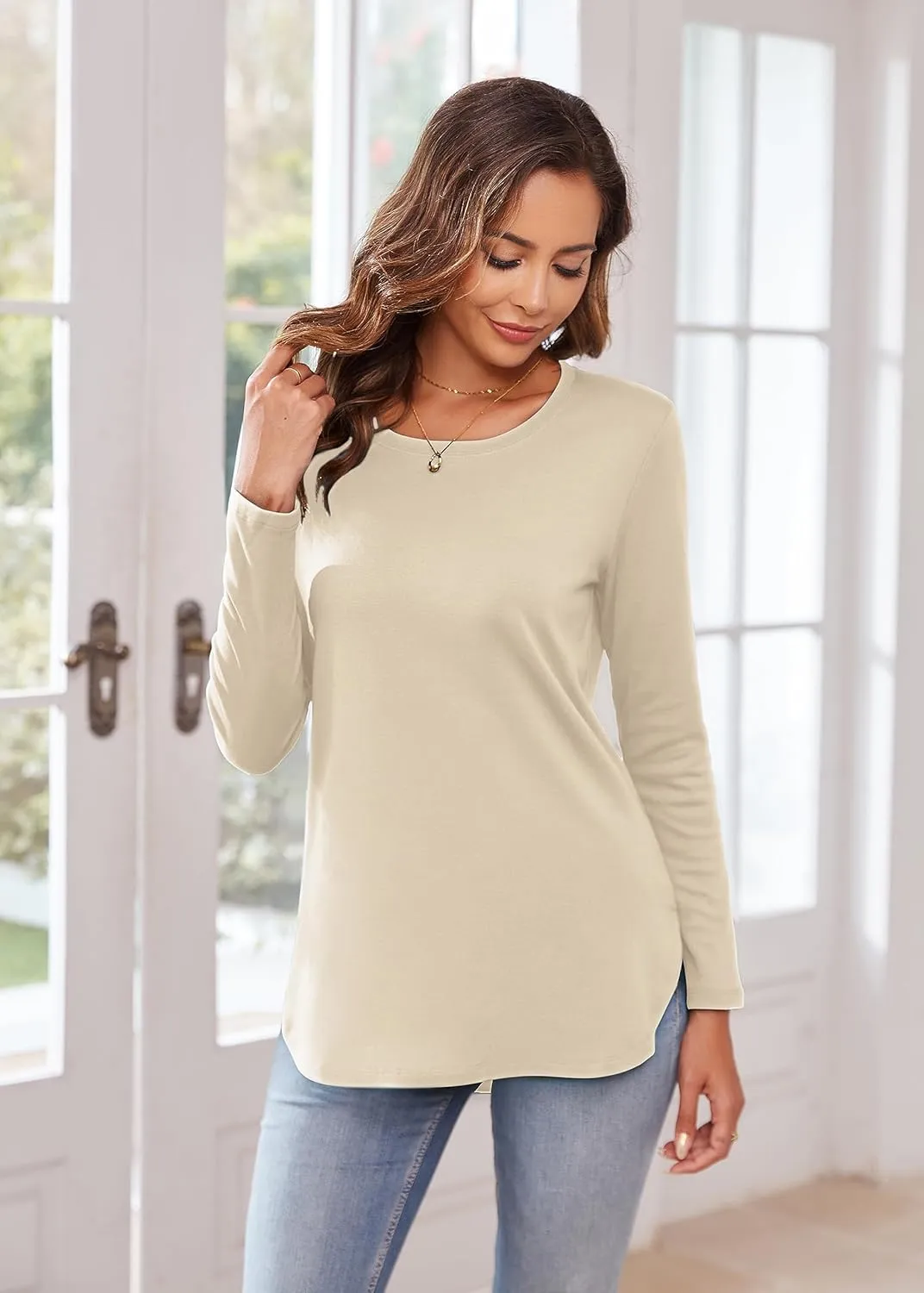 Herou Women's Casual Long Sleeve T Shirt Crewneck With Side Split Fall Pullover Loose Tunic Sweater Tops