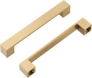 Hickory Hardware Heritage 10 Pack Square Cabinet Pulls, Low Profile Handles for Kitchen Cabinet Doors, Dresser Drawers & Bathroom Vanity, 5-1/16 Inch (128mm) Center to Center, Brushed Brass, 10 Pack