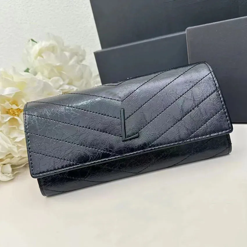 High Quality Women men wallet Fashion Thread Flap wallet cowhide Genuine leather purses Credit Card Holder 6 card slots 1 open compartment