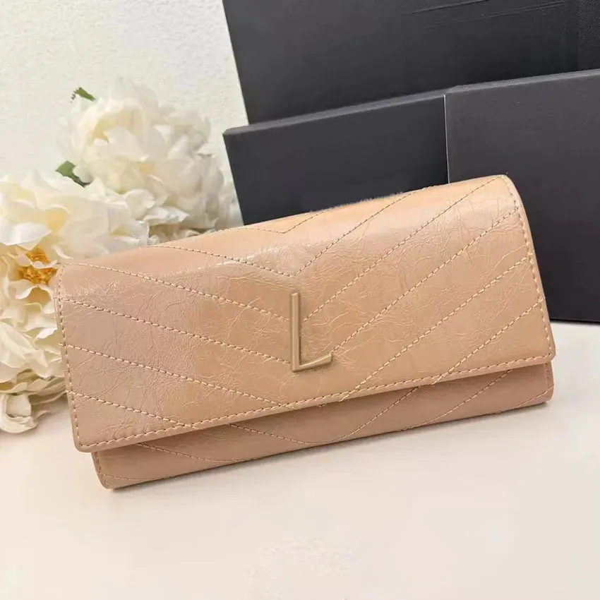 High Quality Women men wallet Fashion Thread Flap wallet cowhide Genuine leather purses Credit Card Holder 6 card slots 1 open compartment