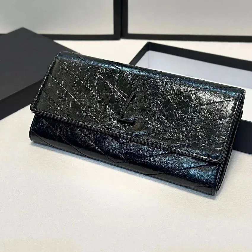 High Quality Women men wallet Fashion Thread Flap wallet cowhide Genuine leather purses Credit Card Holder 6 card slots 1 open compartment
