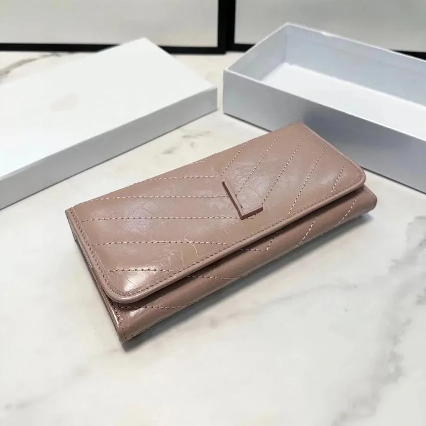 High Quality Women men wallet Fashion Thread Flap wallet cowhide Genuine leather purses Credit Card Holder 6 card slots 1 open compartment