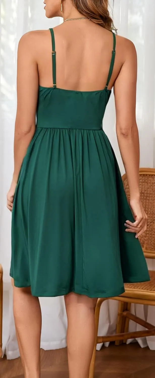 HipGlamp Women's Summer Casual Dress Sleeveless V Neck Beach Sundresses A Line Spaghetti Strap Midi Dress with Pockets