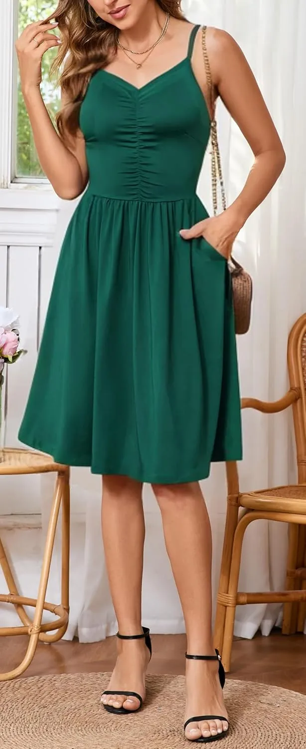 HipGlamp Women's Summer Casual Dress Sleeveless V Neck Beach Sundresses A Line Spaghetti Strap Midi Dress with Pockets