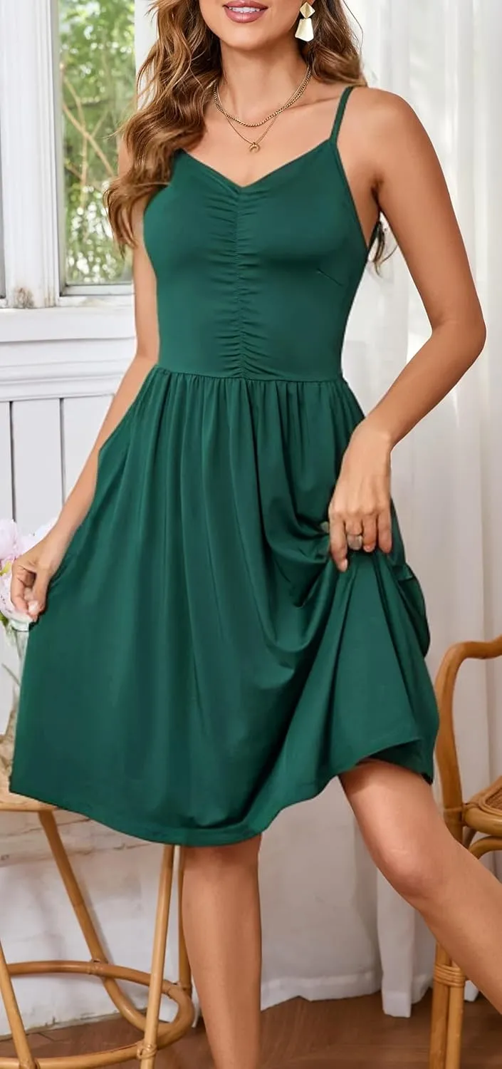 HipGlamp Women's Summer Casual Dress Sleeveless V Neck Beach Sundresses A Line Spaghetti Strap Midi Dress with Pockets