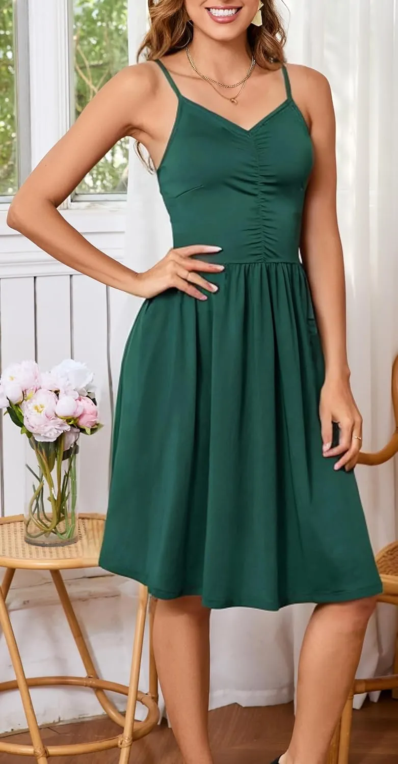 HipGlamp Women's Summer Casual Dress Sleeveless V Neck Beach Sundresses A Line Spaghetti Strap Midi Dress with Pockets