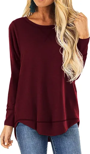 HIYIYEZI Fall Tops for Women Long Sleeve Side Split Casual Loose Tunic Top
