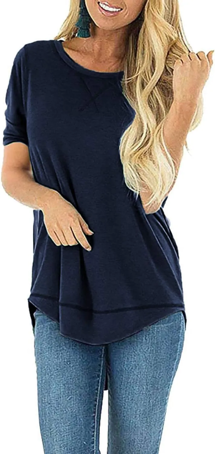 HIYIYEZI Summer Tops for Women Short Sleeve Side Split Casual Loose Tunic Top