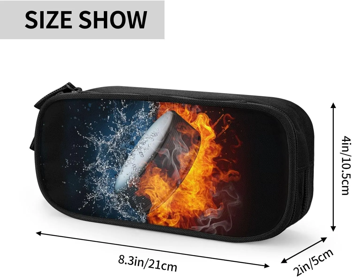 Hockey Pencil Case Sports Pencil Box for Kids Boys, Large Capacity Storage Pen Bag with Zippers, Black Pencil Pouch Stationery Case Print Fire and Water