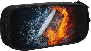 Hockey Pencil Case Sports Pencil Box for Kids Boys, Large Capacity Storage Pen Bag with Zippers, Black Pencil Pouch Stationery Case Print Fire and Water