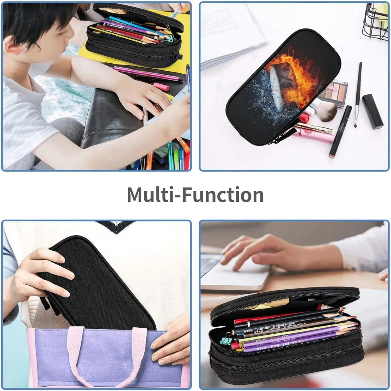 Hockey Pencil Case Sports Pencil Box for Kids Boys, Large Capacity Storage Pen Bag with Zippers, Black Pencil Pouch Stationery Case Print Fire and Water