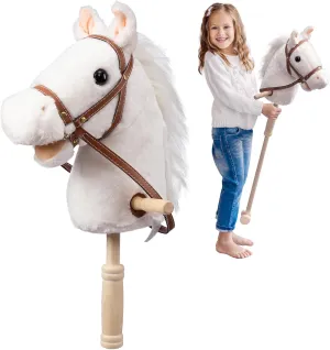 HollyHOME Stick Horse Plush Handcrafted Hobby Horse on a Stick with Wood Wheels Real Pony Neighing and Galloping Sounds for Kids Toddlers White 36 Inches(AA Batteries Required)