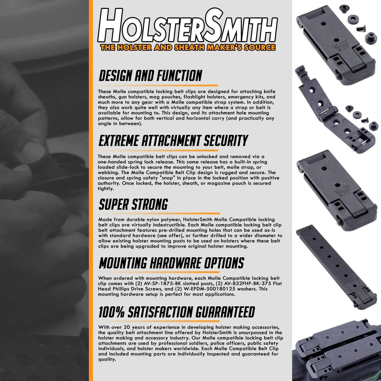 HolsterSmith Molle Compatible Locking Belt Clips w/Mounting Hardware – (1.50, 2.0, 3.0, & 5.0 Inch) – Molle Attachments for Knife Sheath, Gun Holster, Mag Pouch, Molle Vest & Gear