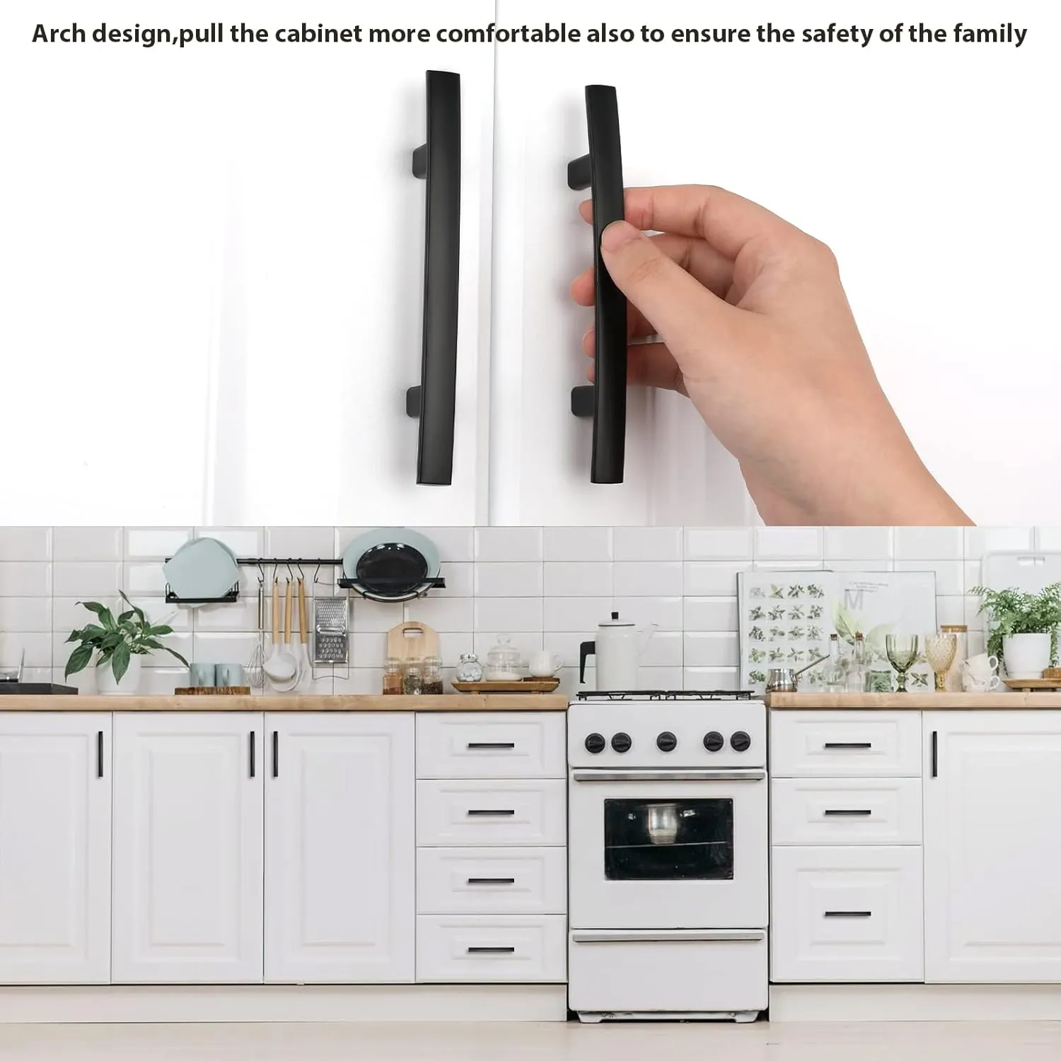 homdiy 5 Pack Cabinet Handles Black Cabinet Pulls 3" Hole Centers Kitchen Pulls Matte Black Curved Arch Handles for Dresser Cupboard Door Hardware, Zinc Alloy