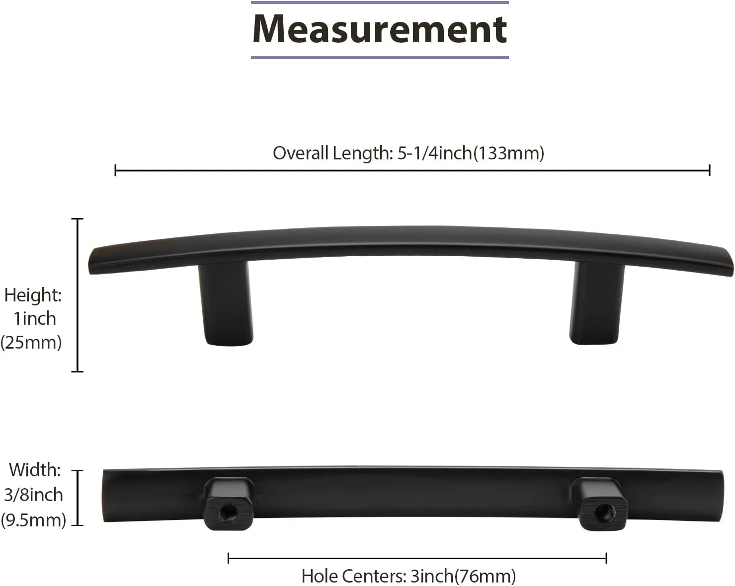 homdiy 5 Pack Cabinet Handles Black Cabinet Pulls 3" Hole Centers Kitchen Pulls Matte Black Curved Arch Handles for Dresser Cupboard Door Hardware, Zinc Alloy