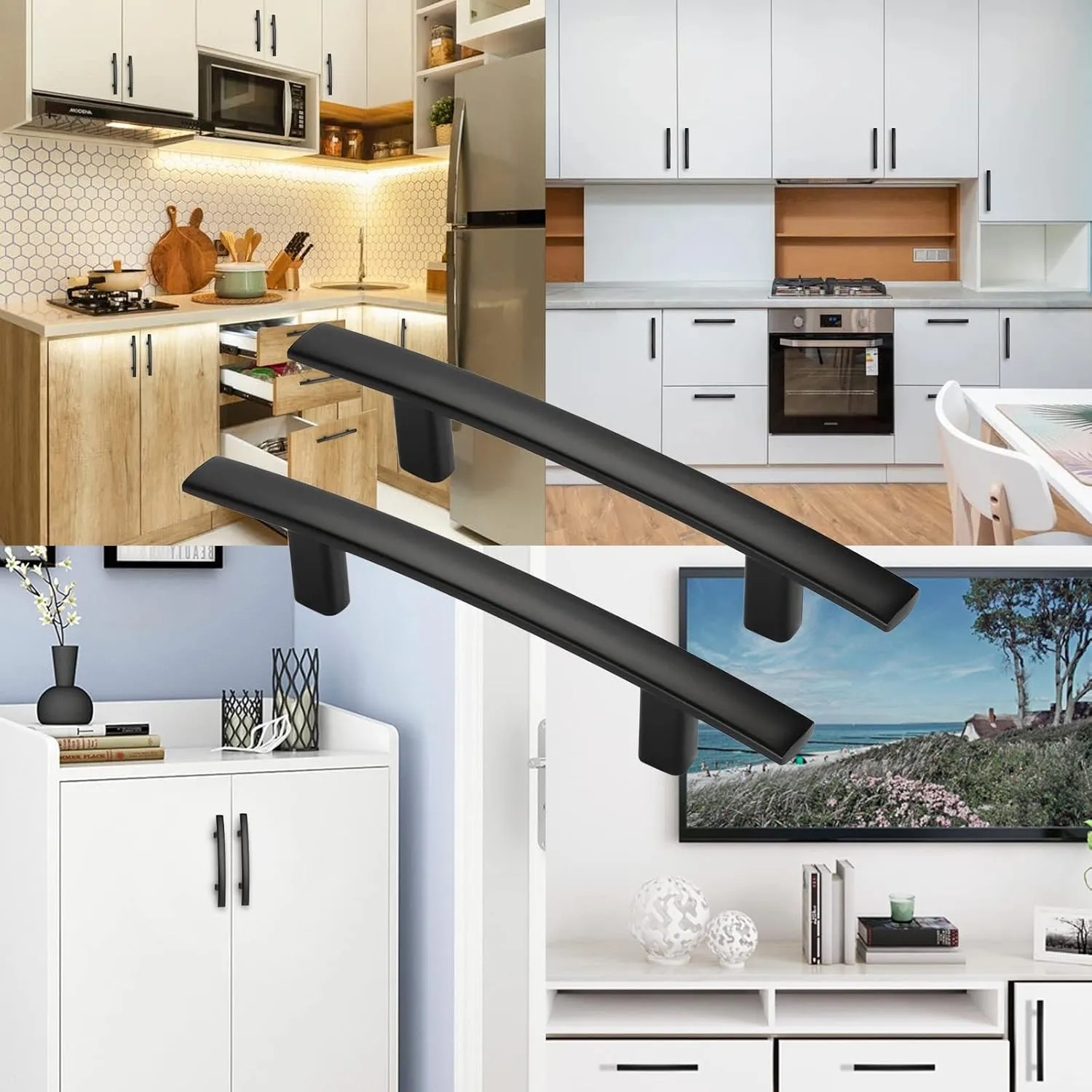 homdiy 5 Pack Cabinet Handles Black Cabinet Pulls 3" Hole Centers Kitchen Pulls Matte Black Curved Arch Handles for Dresser Cupboard Door Hardware, Zinc Alloy