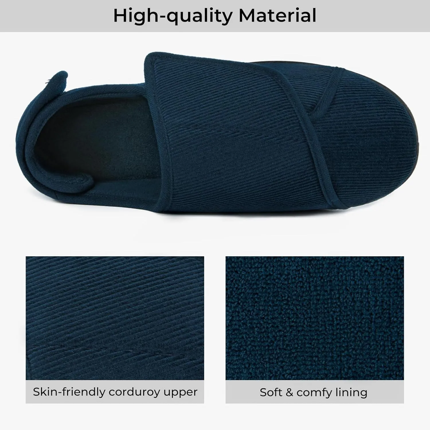HomeTop Men's Corduroy Slippers Comfy Adjustable Hook and Loop Memory Foam Wide Indoor House Shoes for Diabetic Swollen Feet