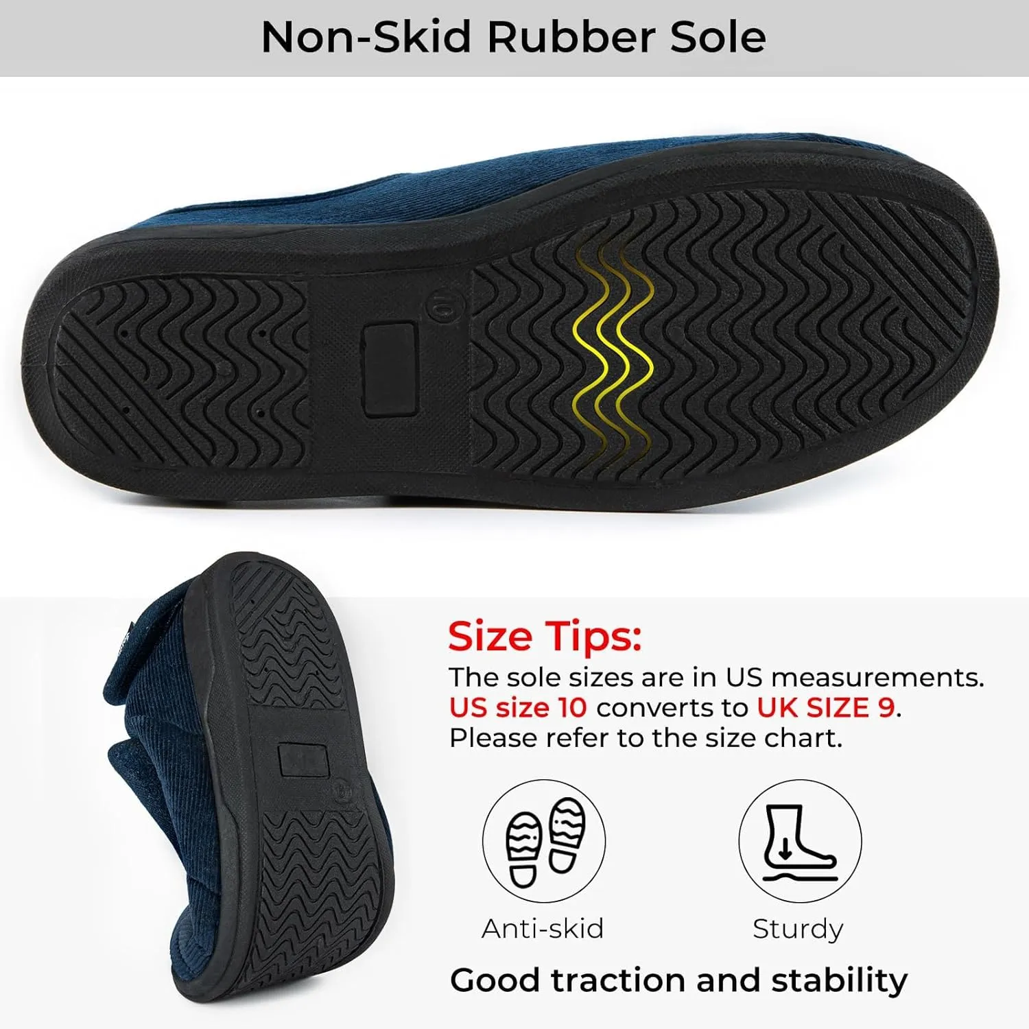 HomeTop Men's Corduroy Slippers Comfy Adjustable Hook and Loop Memory Foam Wide Indoor House Shoes for Diabetic Swollen Feet