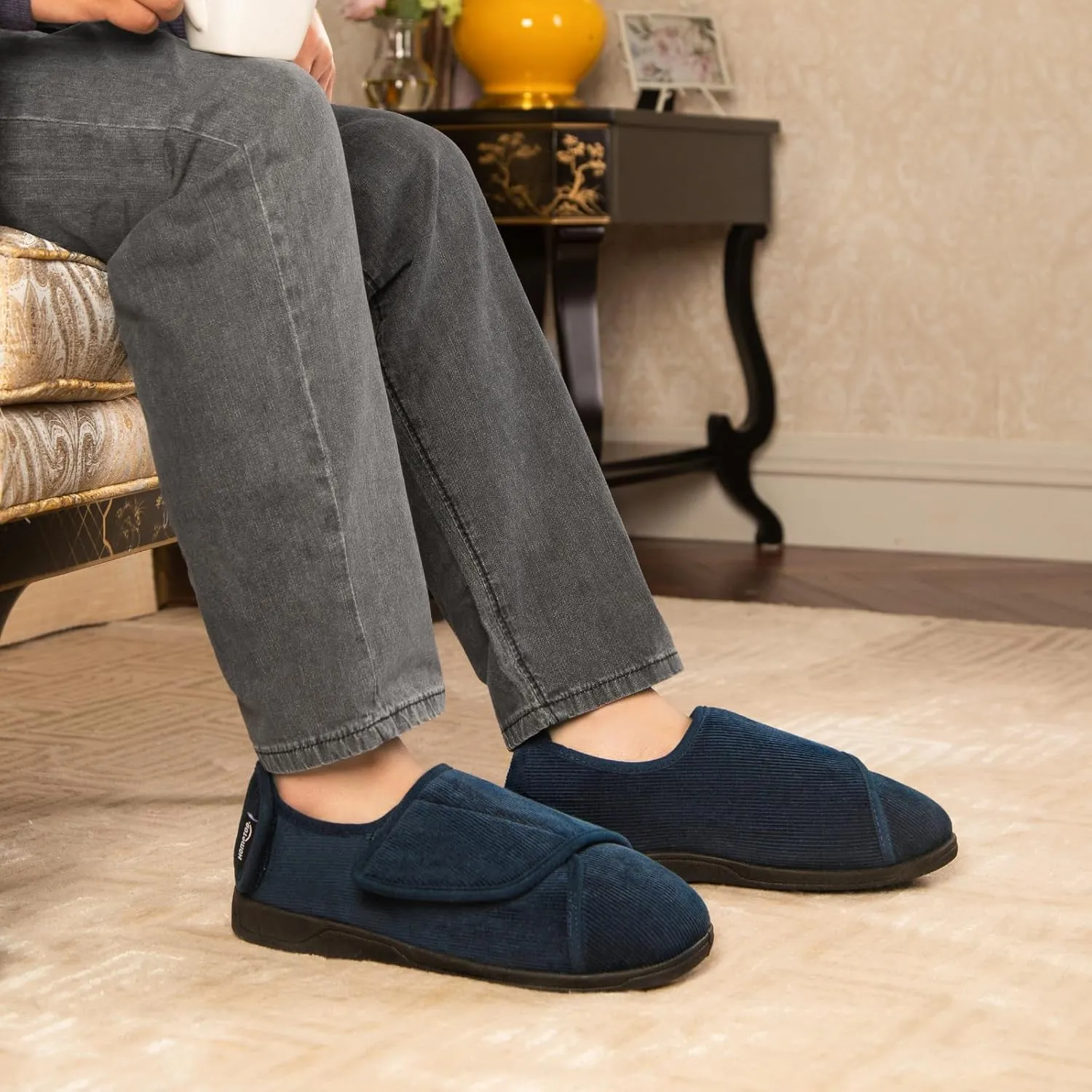 HomeTop Men's Corduroy Slippers Comfy Adjustable Hook and Loop Memory Foam Wide Indoor House Shoes for Diabetic Swollen Feet