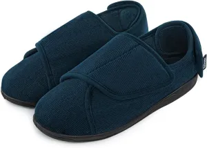 HomeTop Men's Corduroy Slippers Comfy Adjustable Hook and Loop Memory Foam Wide Indoor House Shoes for Diabetic Swollen Feet
