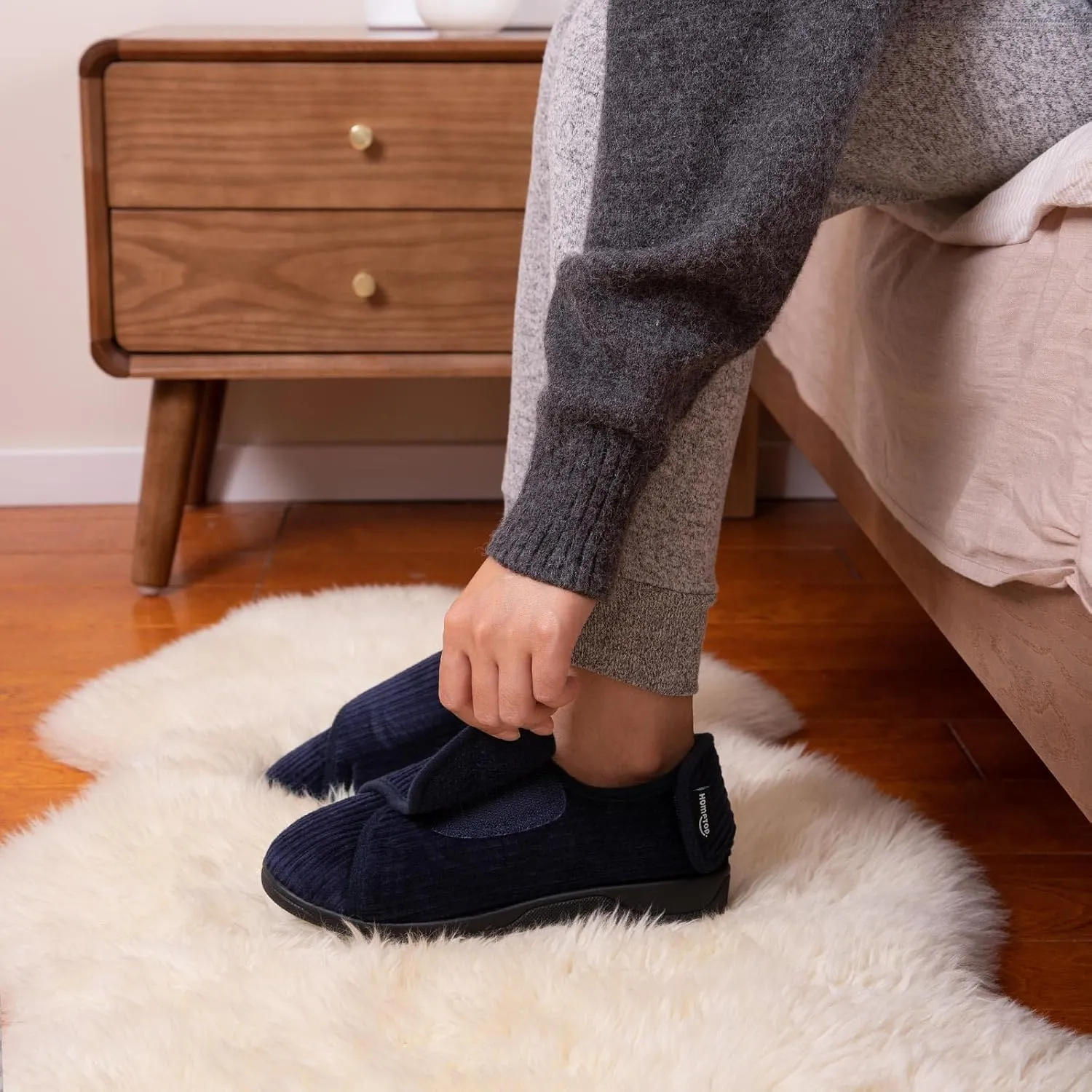 HomeTop Women's Corduroy Slippers Comfy Adjustable Hook and Loop Memory Foam Indoor Closed-back House Shoes for Diabetic Swollen Feet