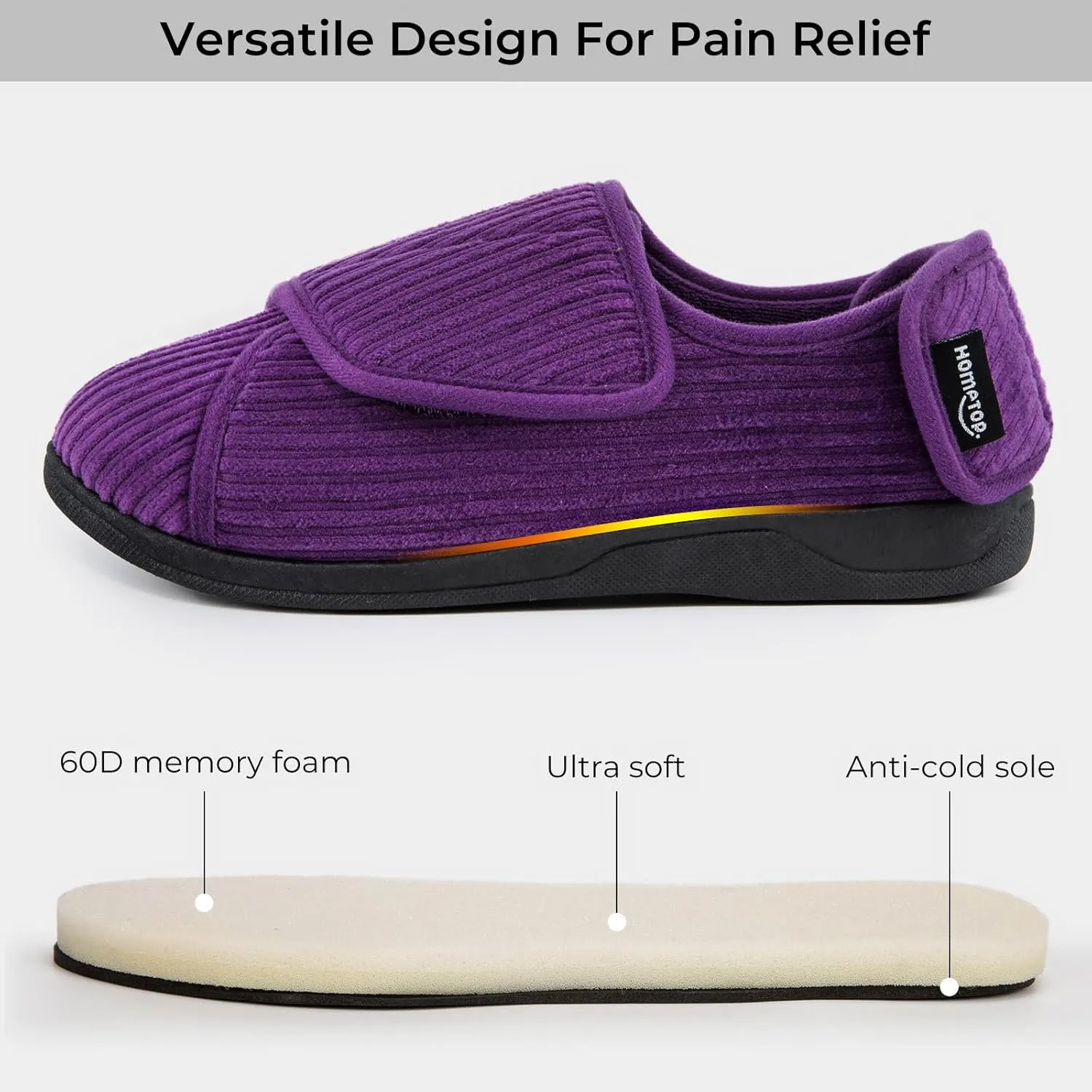 HomeTop Women's Corduroy Slippers Comfy Adjustable Hook and Loop Memory Foam Indoor Closed-back House Shoes for Diabetic Swollen Feet