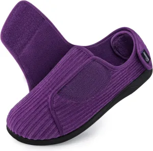 HomeTop Women's Corduroy Slippers Comfy Adjustable Hook and Loop Memory Foam Indoor Closed-back House Shoes for Diabetic Swollen Feet