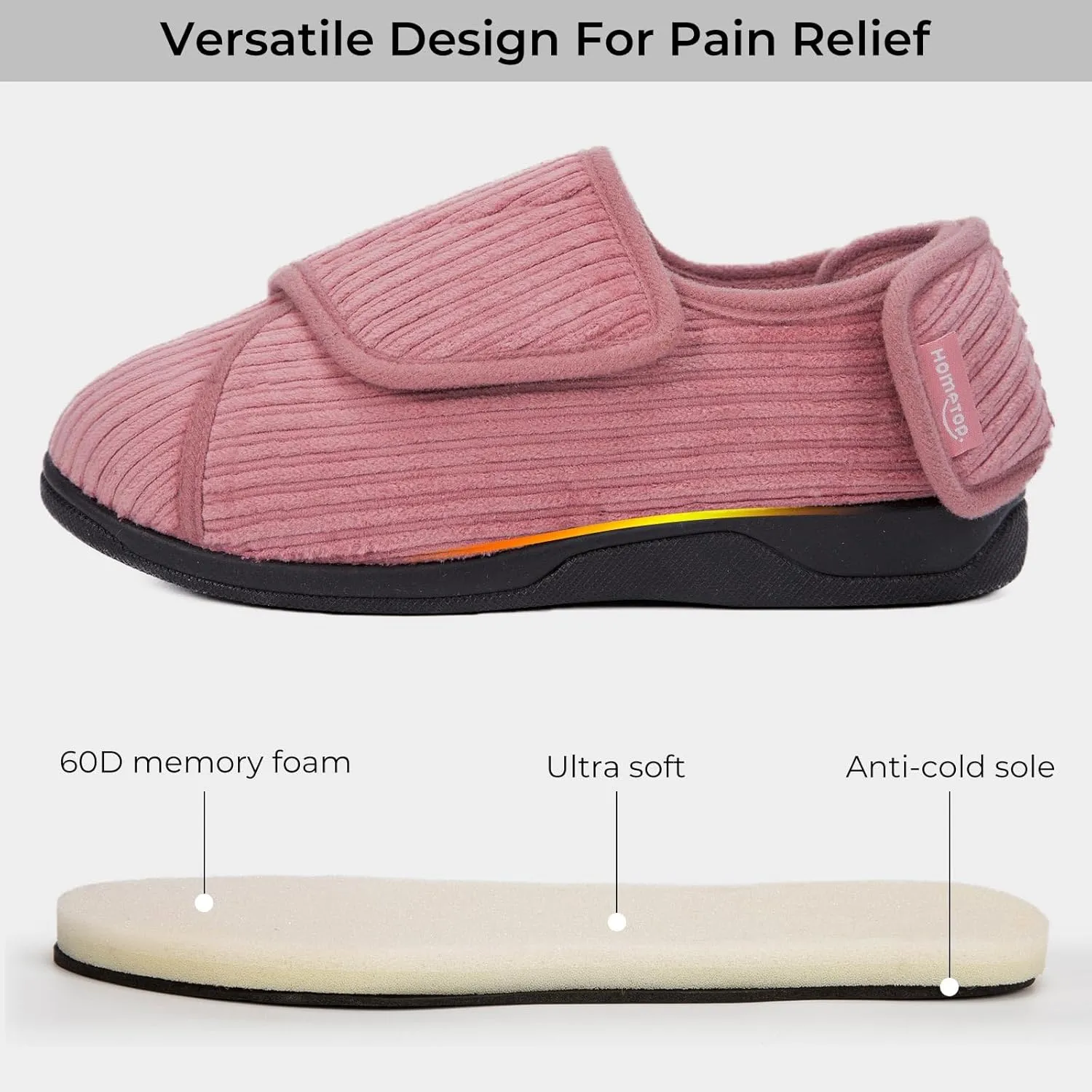 HomeTop Women's Corduroy Slippers Comfy Adjustable Hook and Loop Memory Foam Indoor Closed-back House Shoes for Diabetic Swollen Feet