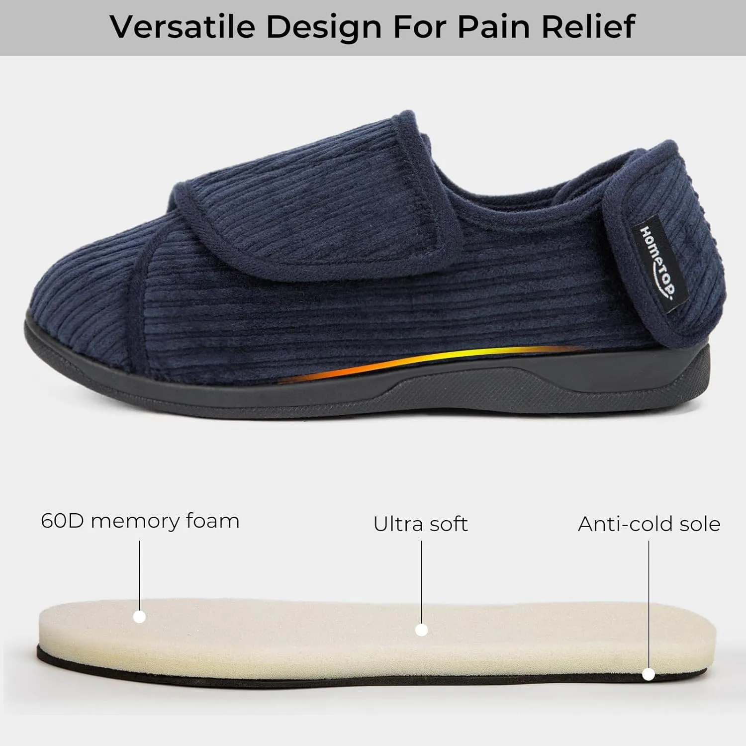 HomeTop Women's Corduroy Slippers Comfy Adjustable Hook and Loop Memory Foam Indoor Closed-back House Shoes for Diabetic Swollen Feet