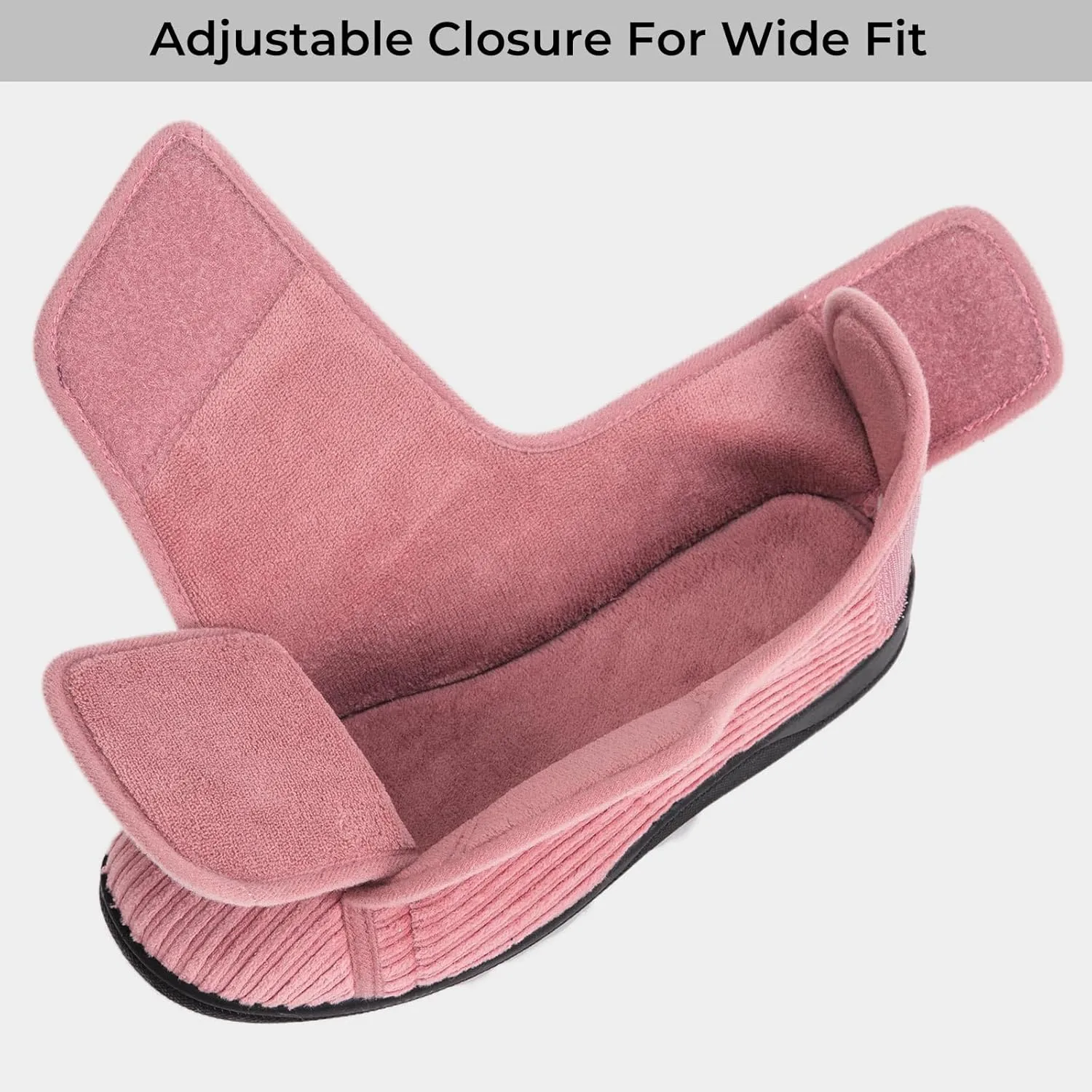 HomeTop Women's Corduroy Slippers Comfy Adjustable Hook and Loop Memory Foam Indoor Closed-back House Shoes for Diabetic Swollen Feet